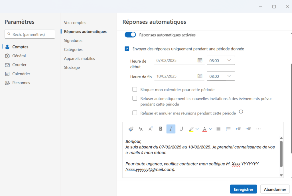 configuration reponse automatique outlook