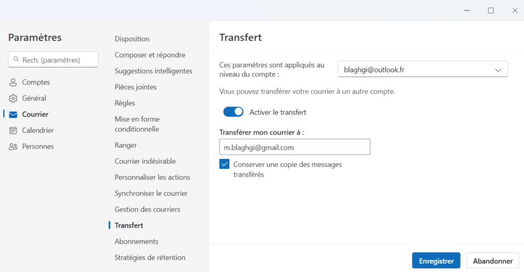 transfert vers collegue outlook